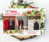 christmas photo card with three photos, a white background and red and green holly graphics in the corners