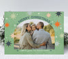 christmas stars modern holiday card with a single arched photo against a green background with colorful stars and gold accents, printable digital file