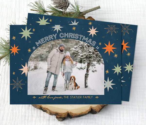 christmas stars modern holiday card with a single arched photo against a blue background with colorful stars and gold accents, printable digital file