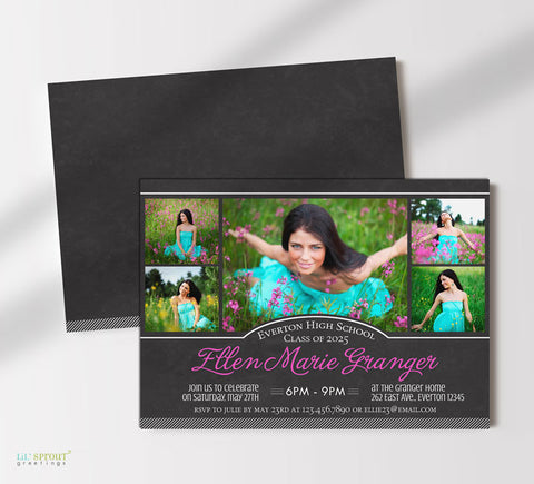 collage style photo graduation announcement with a chalkboard background, various fonts, pink text, and 5 photos, double sided