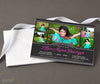 collage style photo graduation announcement with a chalkboard background, various fonts, pink text, and 5 photos, printed on cardstock with stack of white envelopes