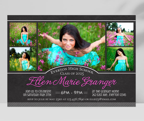 collage style photo graduation announcement with a chalkboard background, various fonts, pink text, and 5 photos