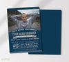 vertical oriented graduation announcement with a single photo along the top, blue background and white and gray text