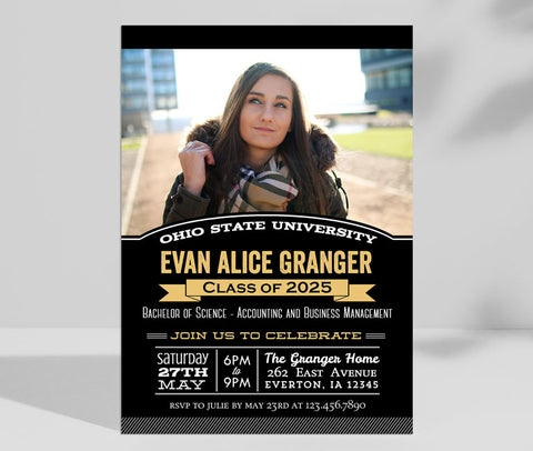 vertical oriented graduation announcement with a single photo along the top, black background and white and gold text