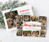 horizontal holiday card with colorful text in center and ten photos around the border