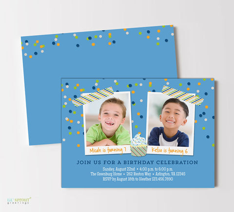 two child birthday invitation with photos, blue background and colorful confetti