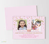 two child birthday invitation with photos, pink background and gold confetti