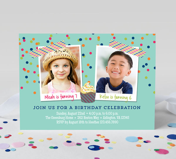 Colorful Confetti Joint Birthday Party Invitations