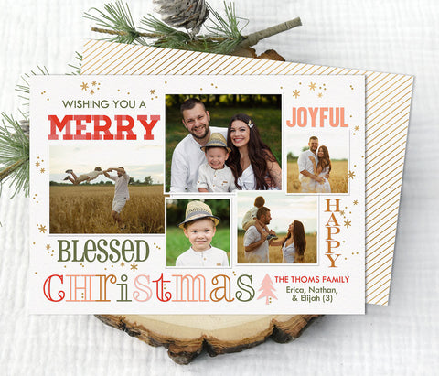 christmas photo card with a 5 photo collage surround by colorful text in various fonts and colors and gold star details