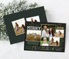 christmas photo card with a 5 photo collage surround by green and gold text in various fonts and colors and gold star details