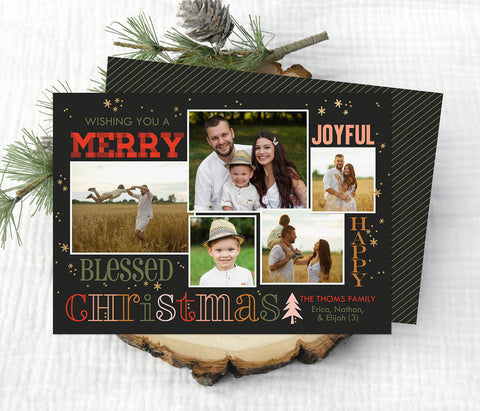 christmas photo card with a 5 photo collage surround by colorful text in various fonts and colors on a black background and gold star details