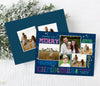 christmas photo card with a 5 photo collage surround by colorful text in various fonts and colors on a blue background and gold star details