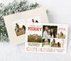 christmas photo card with a 5 photo collage surround by colorful text in various fonts and colors and gold star details