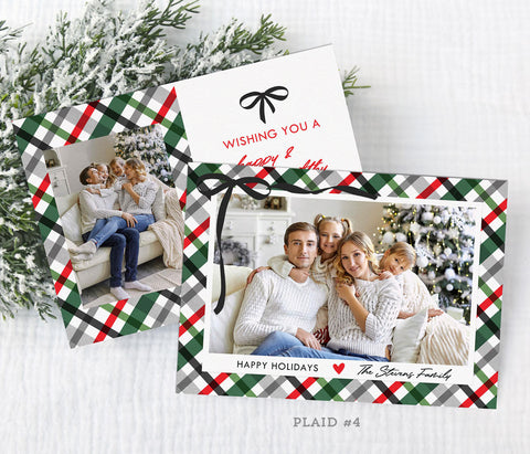 landscape oriented holiday card with single photo on a red, green and gray plaid background with a ribbon detail in upper left corner