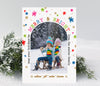 christmas or holiday photo card featuring a single arched photo surrounded by colorful snowfall and text on a white background, printable digital file