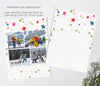 christmas or holiday photo card featuring a single arched photo surrounded by colorful snowfall and text on a white background, printable digital file