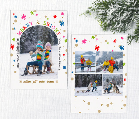 christmas or holiday photo card featuring a single arched photo surrounded by colorful snowfall and text on a white background, printable digital file