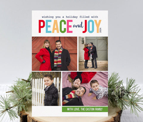 portrait oriented holiday photo card with rainbow text and four photos 