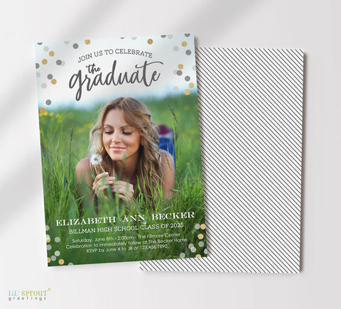 vertical full bleed photo graduation announcement with confetti along the top and grad details along the bottom, black and white striped background