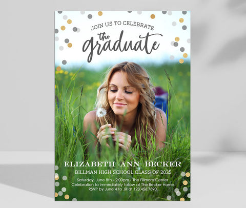 vertical full bleed photo graduation announcement with confetti along the top and grad details along the bottom