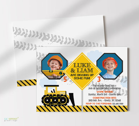 construction themed joint birthday party invitation for two kids with photos, black and yellow bulldozer, construction sign and stripes along bottom, double sided 