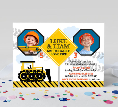 construction themed joint birthday party invitation for two kids with photos, black and yellow bulldozer, construction sign and stripes along bottom.