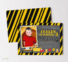 construction themed boy birthday invitation with yellow and black striped border, gray background, single photo, and construction themed graphics, double sided