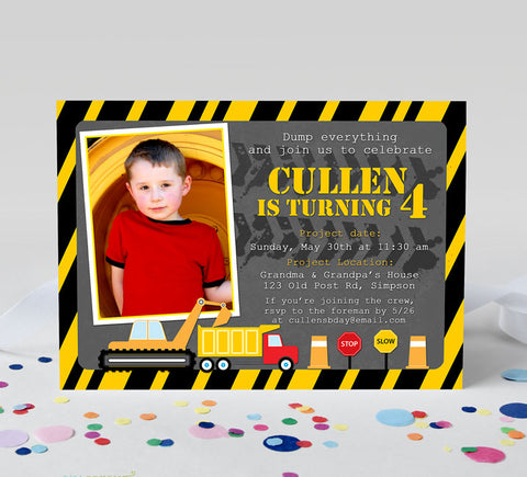 construction themed boy birthday invitation with yellow and black striped border, gray background, single photo, and construction themed graphics