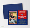 court of honor ceremony invitation with single photo on left, blue background with yellow text and red banner on right, double sided