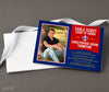 court of honor ceremony invitation with single photo on left, blue background with yellow text and red banner on right, printed on cardstock