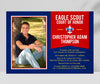 court of honor ceremony invitation with single photo on left, blue background with yellow text and red banner on right