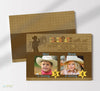 joint birthday party invitation with cowboy cowgirl theme, brown with horse silhouette, sheriff badges, two photos, brown background, double sided