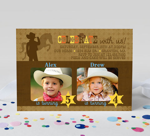 joint birthday party invitation with cowboy cowgirl theme, brown with horse silhouette, sheriff badges, two photos, brown background