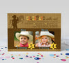 joint birthday party invitation with cowboy cowgirl theme, brown with horse silhouette, sheriff badges, two photos, brown background