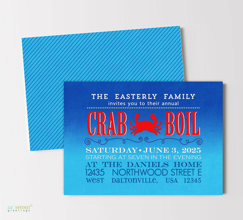 crab boil themed party invitation with blue gradient background, white text, red elements and crab silhouette, striped back side