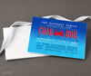 crab boil themed party invitation with blue gradient background, white text, red elements and crab silhouette, printed on cardstock