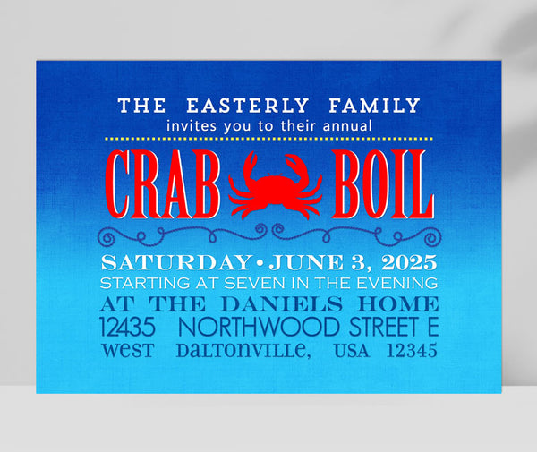 crab boil themed party invitation with blue gradient background, white text, red elements and crab silhouette