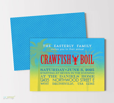 crawfish boil themed party invitation with blue and yellow gradient background, palm tree silhouette, red text and crawfish silhouette, striped back side