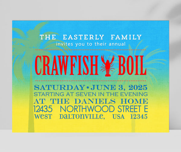 crawfish boil themed party invitation with blue and yellow gradient background, palm tree silhouette, red text and crawfish silhouette