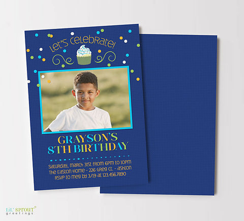 boy birthday invitation with a blue background, green, blue and orange confetti and text and a small cupcake detail, double sided