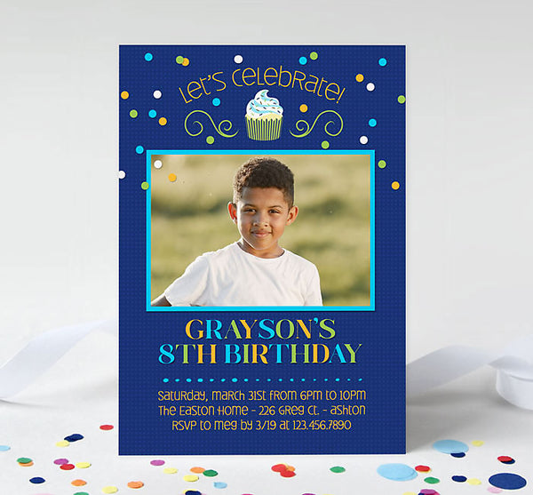 boy birthday invitation with a blue background, green, blue and orange confetti and text and a small cupcake detail