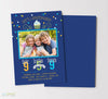 vertical birthday invitation for 3 kids with a blue background, single photo and colorful text and confetti with a tiny cupcake detail at top