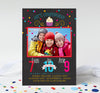 vertical birthday invitation for 3 kids with a chalkboard background, single photo and colorful text and confetti with a tiny cupcake detail at top