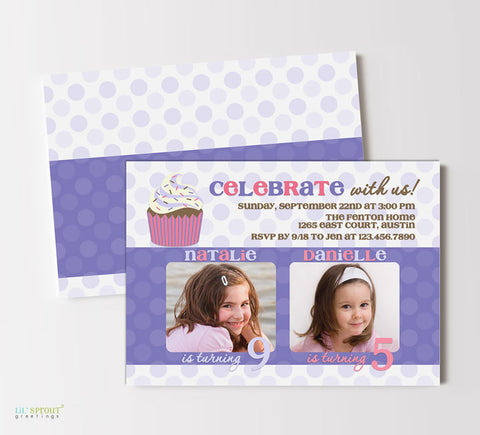 landscape format birthday invitation for two kids with two photos, lilac polka dot background, large cupcake detail and colorful text