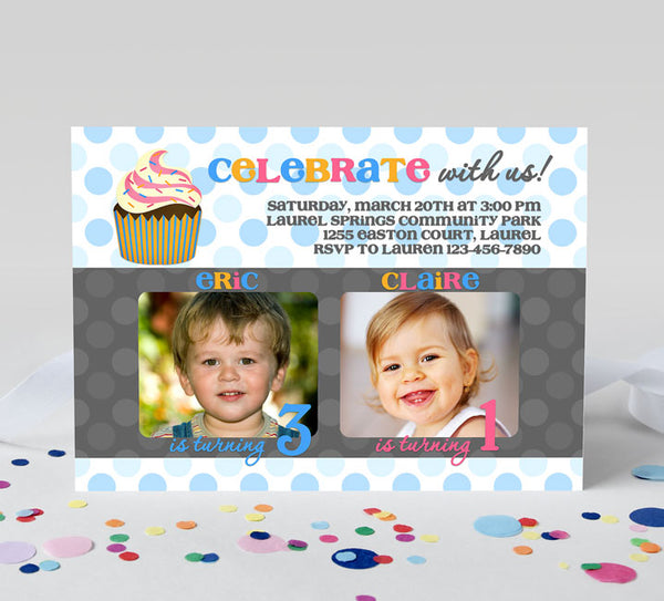 landscape format birthday invitation for two kids with two photos, blue polka dot background, large cupcake detail and colorful text