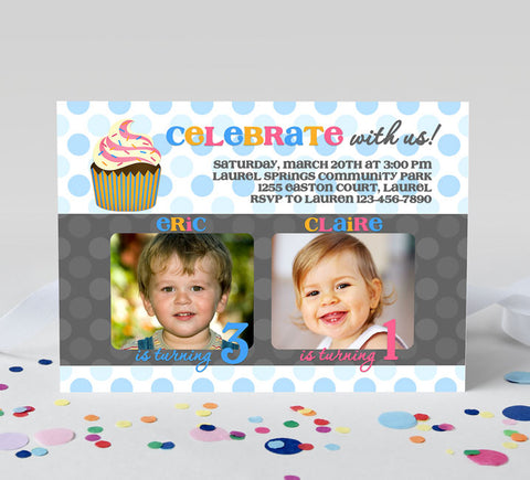 landscape format birthday invitation for two kids with two photos, blue polka dot background, large cupcake detail and colorful text