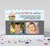 landscape format birthday invitation for two kids with two photos, blue polka dot background, large cupcake detail and colorful text