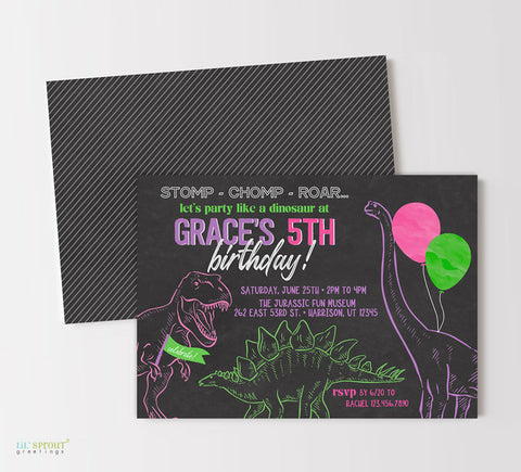 girl dino themed birthday invitation with line drawn t-rex, stegosaurus and brachiosaurus with balloons, fun fonts and pink, purple and green color scheme on black chalkboard background