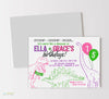 girl dino themed birthday invitation for two girls with line drawn t-rex, stegosaurus and brachiosaurus with balloons, fun fonts and pink, purple and green color scheme on white background