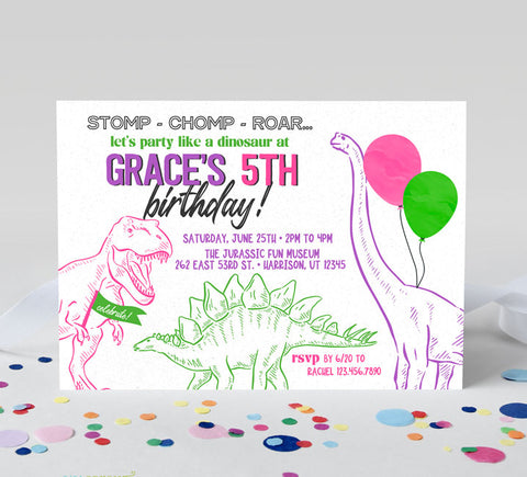 girl dino themed birthday invitation with line drawn t-rex, stegosaurus and brachiosaurus with balloons, fun fonts and pink, purple and green color scheme on white background